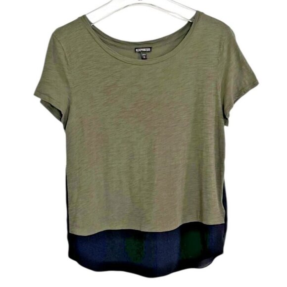 Express Tops - Express Two Tone High Low Hem Short Sleeve Tee Top Olive Black Size M
